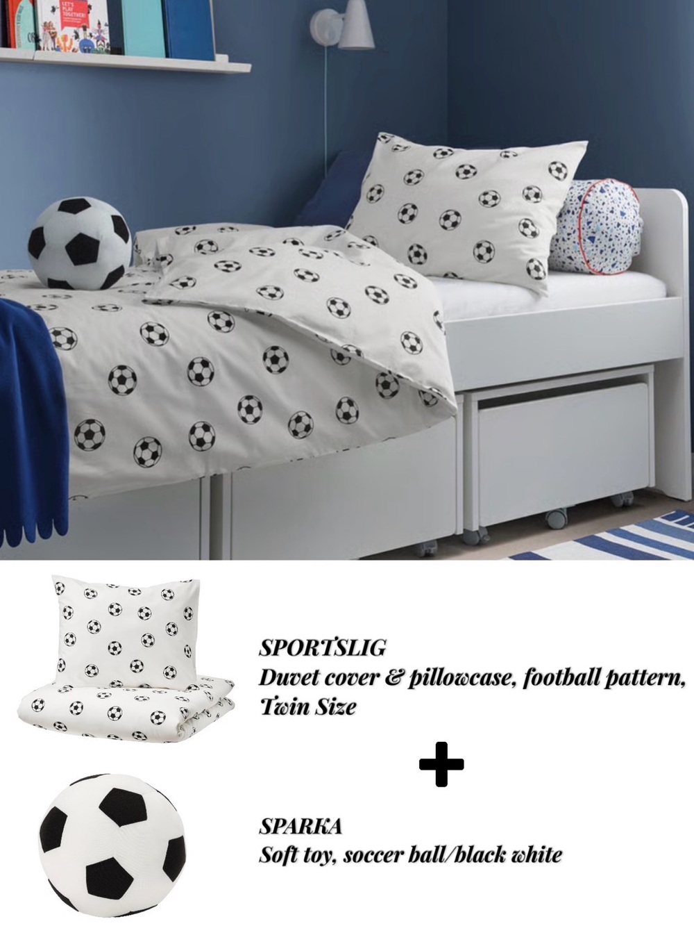 White Soccer Pattern Twin Duvet Cover & Pillowcase, with Soccer Ball Plush Toy